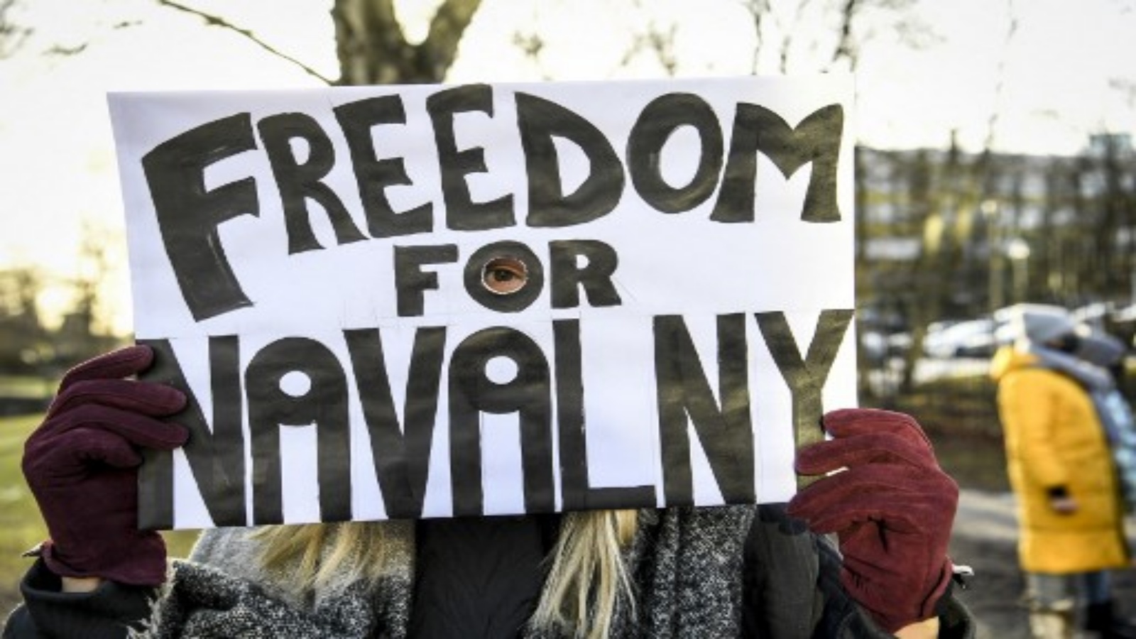 متظاهر يطالب بالإفراج عن زعيم المعارضة الروسي المحتجز أليكسي نافالني يحمل لافتة أمام السفارة الروسية في ستوكهولم ، السويد ، في 23 يناير 2021.
