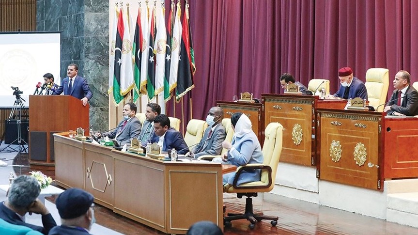 جانب من جلسة البرلمان الليبي لمنح الثقة لحكومة الدبيبة الليبية الموقتة
