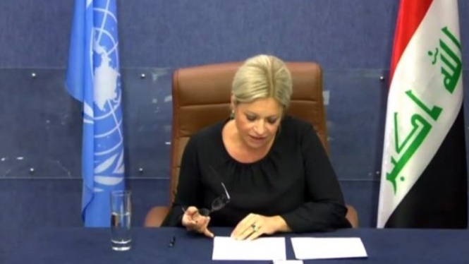 رئيسة بعثة الامم المتحدة في العراق جينين بلاسخارت خلال احاطة امام مجلس الامن الدولي عن اوضاع هذا البلد