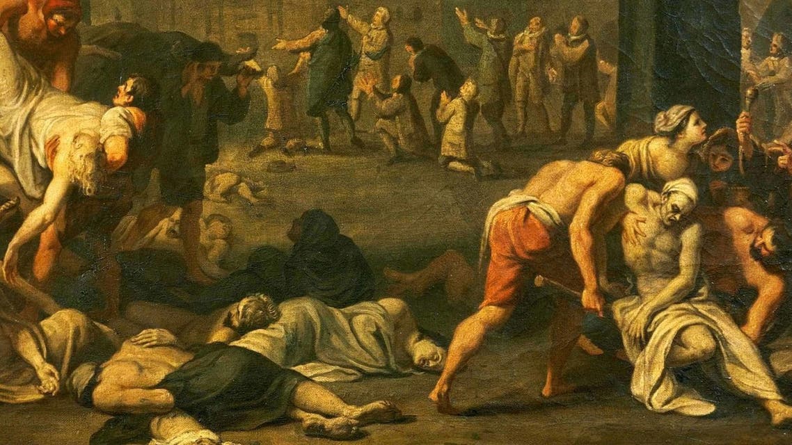 صورة من الأرشيف للوحة تجسد انتشار جثث ضحايا الطاعون الأسود في أوروبا القرن الثالث عشر