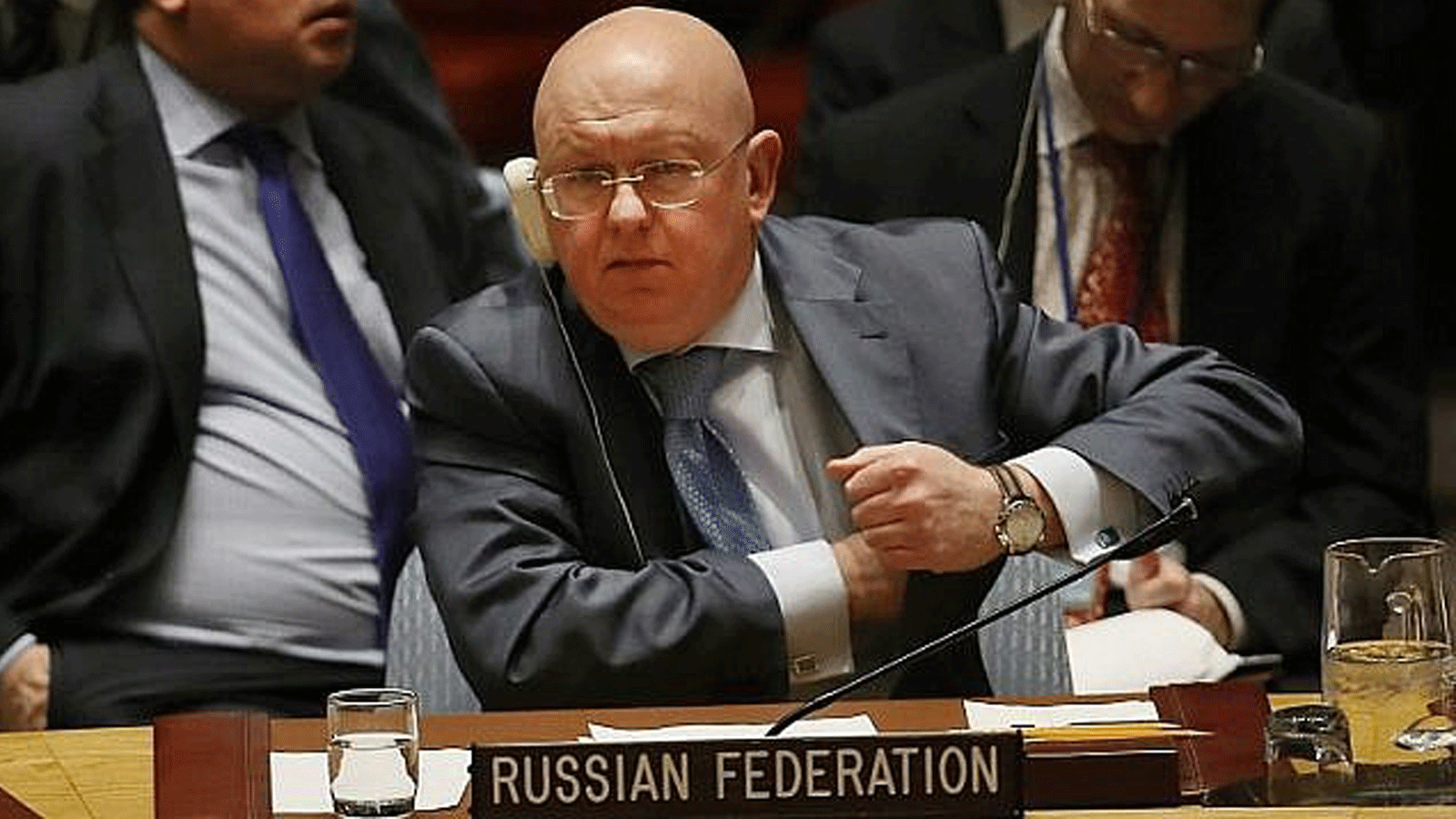 السفير الروسي لدى الأمم المتحدة فاسيلي نيبينزيا خلال اجتماع لمجلس الأمن الدولي حول الوضع في سوريا في الأمم المتحدة/ مدينة نيويورك. في 12 آذار/مارس 2018