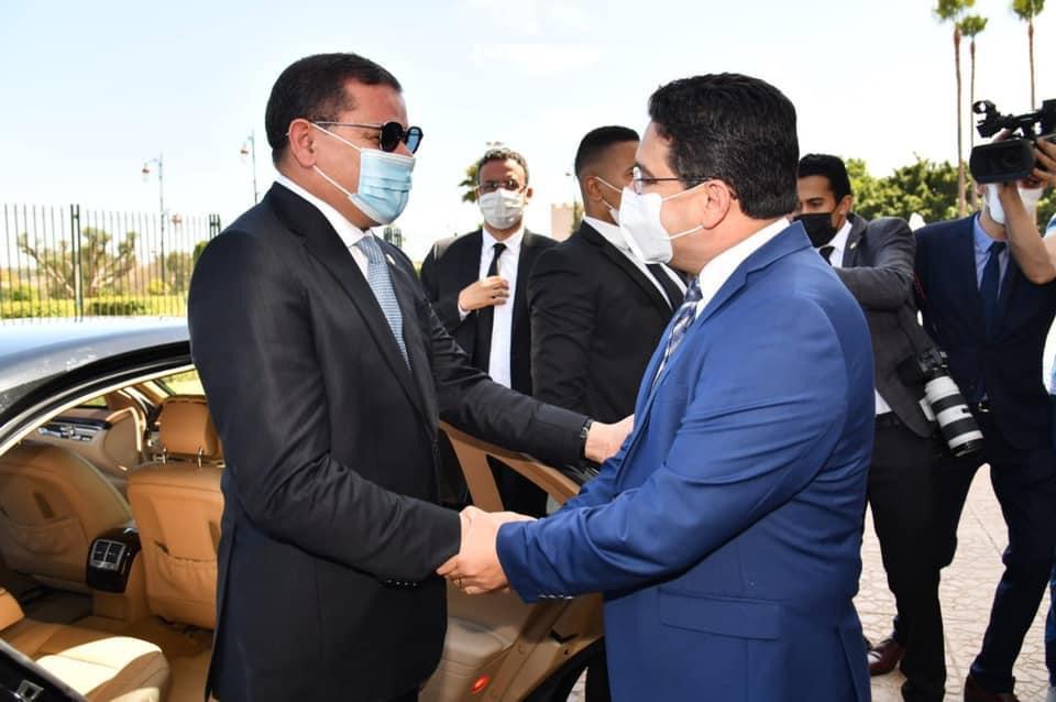 ناصر بوريطة وزير خارجية المغرب لدى استقباله عبد الحميد الدبيبة رئيس الحكومة المؤقتة في ليبيا مساء اليوم في الرباط