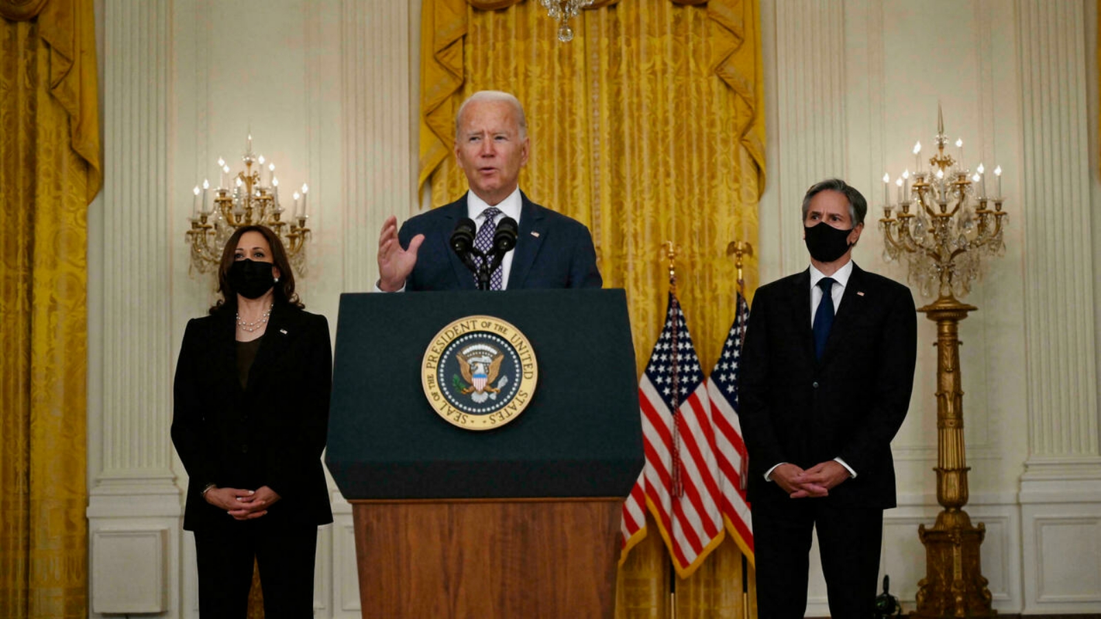 الرئيس الأميركي جو بايدن تعهّد بإجلاء كل أميركي يرغب في مغادرة أفغانستان في خطاب ألقاه في البيت الأبيض. بتاريخ 20 آب/ أغسطس 2021.