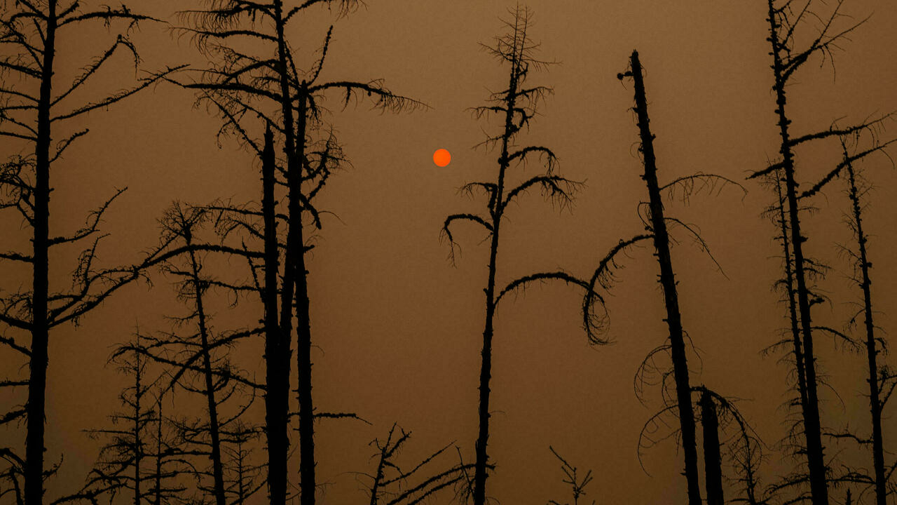 صورة من الارشيف التقطت بتاريخ 27 تموز/يوليو 2021 تظهر الشمس وسط الدخان الناجم عن حرائق الغابات قرب قرية ماغراس في سيبيريا