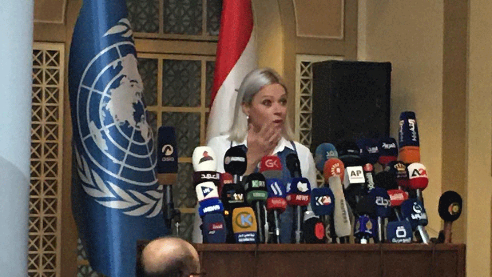 بلاسخارت خلال مؤتمرها الصحافي عن الانتخابات العراقية. بغداد في 7 أيلول/ سبتمبر 2021 (الصورة من الوكالة الرسمية)