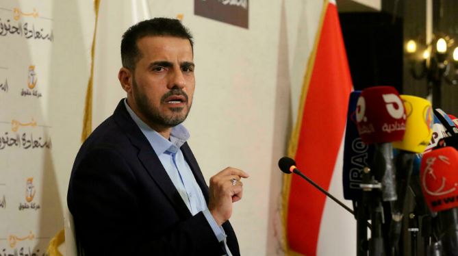 حسين مؤنس رئيس حركة حقوق، الجناح المدني لكتائب حزب الله، يعقد مؤتمرا صحفيا في بغداد في 2 أكتوبر 2021