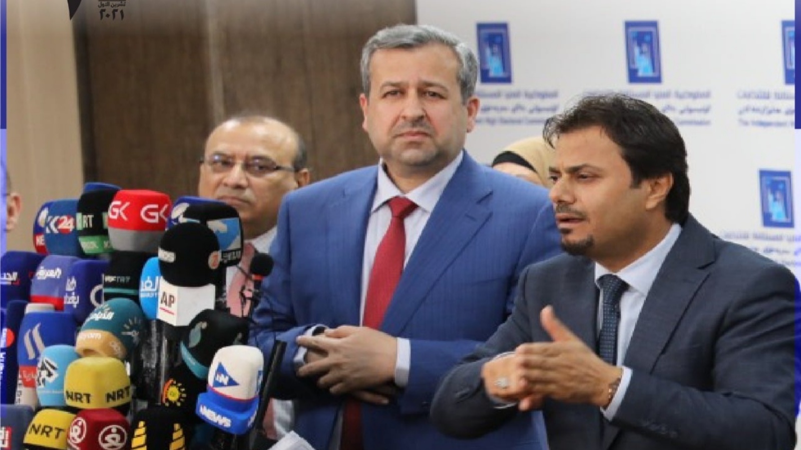 رئيس مجلس مفوضي الانتخابات العراقية متحدثًا عن تطورات عد وفرز أصوات الناخبين. بتاريخ 12 تشرين الأول/ أكتوبر 2021 (المفوضية)