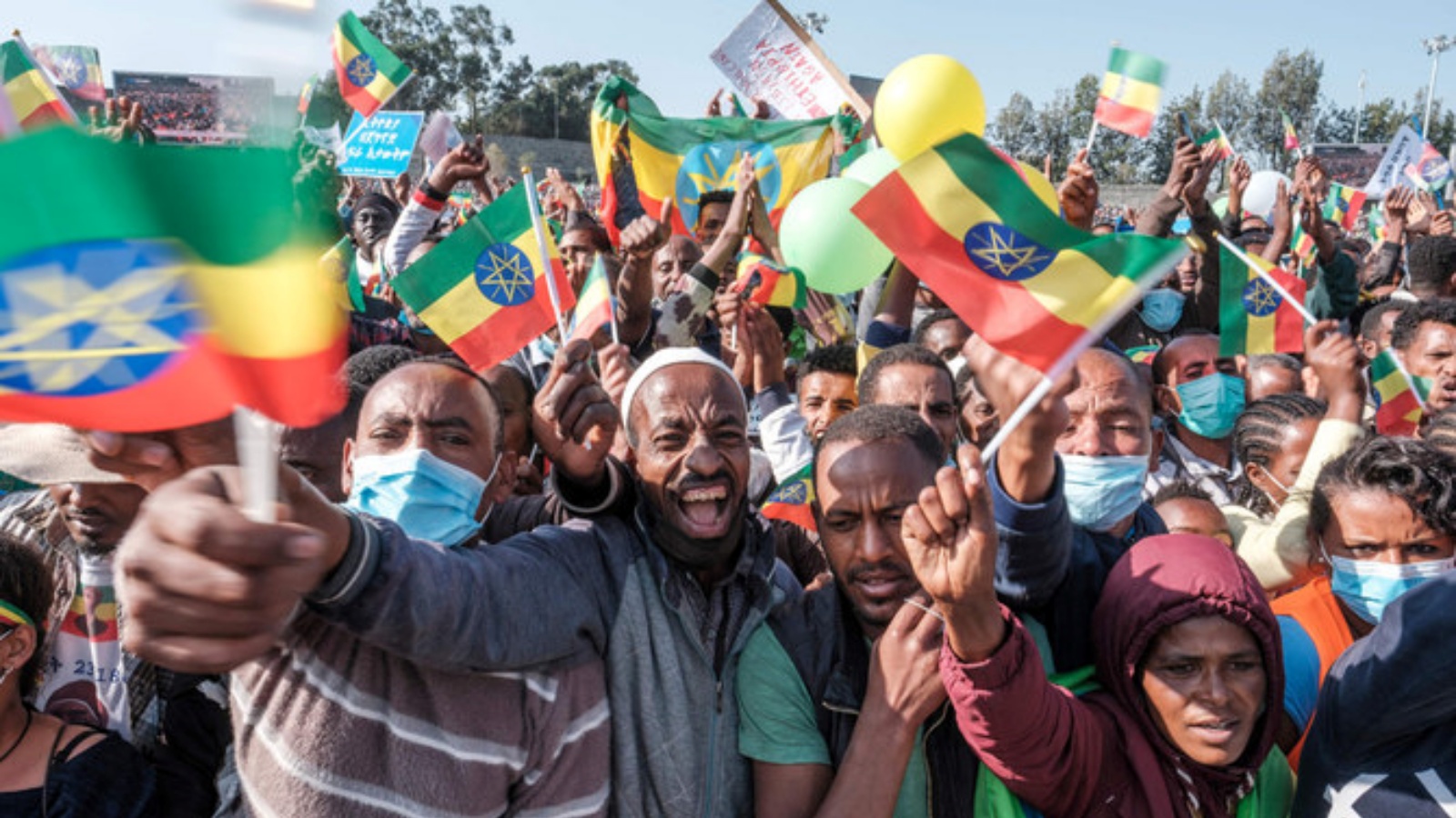 متظاهرون يلوحون بالأعلام خلال تجمع حاشد في أديس أبابا حيث رفضوا الجهود الدبلوماسية لإنهاء الصراع لدعم قوات الدفاع الوطني. (أرشيفية)