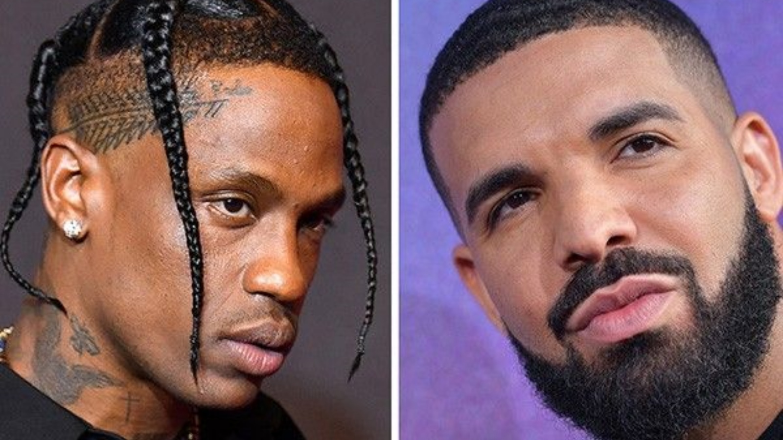 صورة مركبة تجمع مغني الراب الأميركي ترافيس سكوت (يسار) يصل إلى 2021 MTV Video Music Awards في مركز باركليز في بروكلين، نيويورك، 12 أيلول/سبتمبر 2021 ومغني الراب الأميركي دريك (يمين) يحضر العرض الأول لفيلم HBO الجديد "Euphoria" في مسرح Cinerama Dome Theatre في هوليوود يوم 4 حزيران/يونيو 2019.