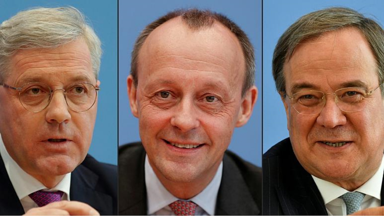 المرشحون لقيادة حزب الاتحاد الديمقراطي المسيحي (من اليسار إلى اليمين) نوربرت رويتجن وفريدريك ميرز وأرمين لاشيت.