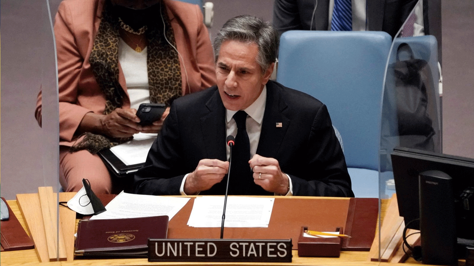 وزير الخارجية الأميركي أنتوني بلينكين يتحدث في اجتماع لمجلس الأمن التابع للأمم المتحدة بشأن أوكرانيا، في 17 شباط\فبراير 2022\ نيويورك