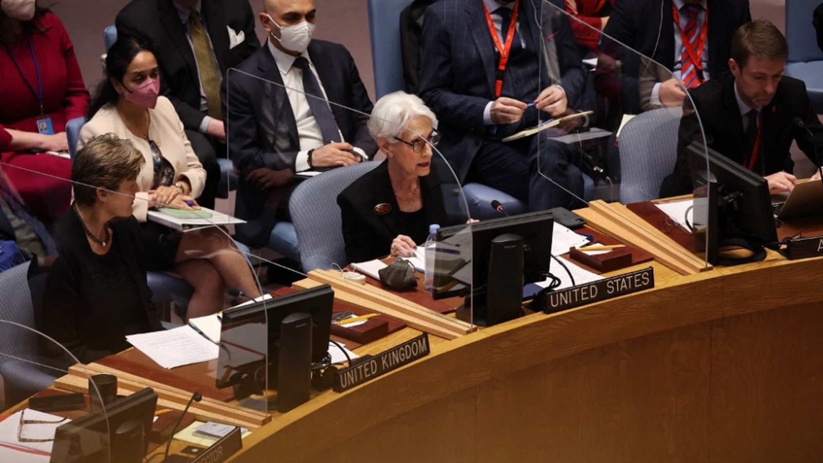 نائبة وزير الخارجية الأميركية ويندي شيرمان تتحدث أمام مجلس الأمن التابع للأمم المتحدة حول الوضع في أوكرانيا، في نيويورك في 29 مارس 2022.