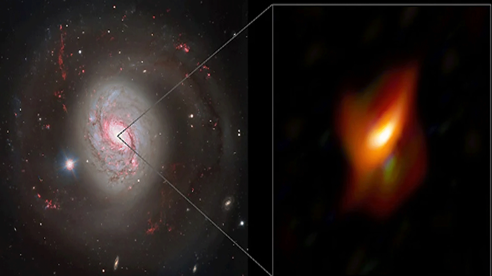 منظر للمجرة النشطة ميسييه 77، وفي اللوحة اليمنى، منظر متفجر للمنطقة الداخلية للغاية لهذه المجرة. علماء الفلك يحصلون لأول مرة على صورة مفصلة لنواة مجرة ​​نشطة، وهي بنية من الغبار والغاز تحيط بثقب أسود هائل