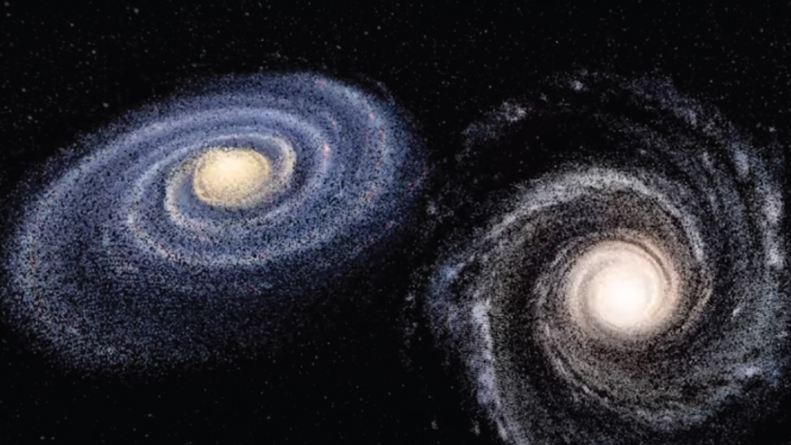 لقطة من الفيديو الذي نشرته ناسا عن تصامد متخيل بين مجرتين في الفضاء الكوني