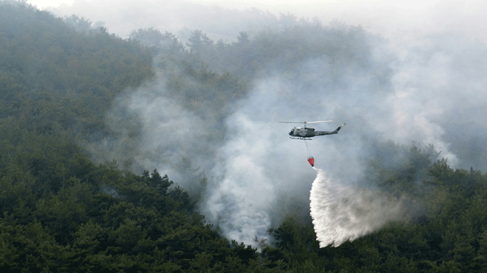 طائرة هليكوبتر لمكافحة الحرائق تلقي بالمياه على حريق غابة باتراماز في المنطقة الشمالية من لبنان في 8 يونيو / حزيران 2022