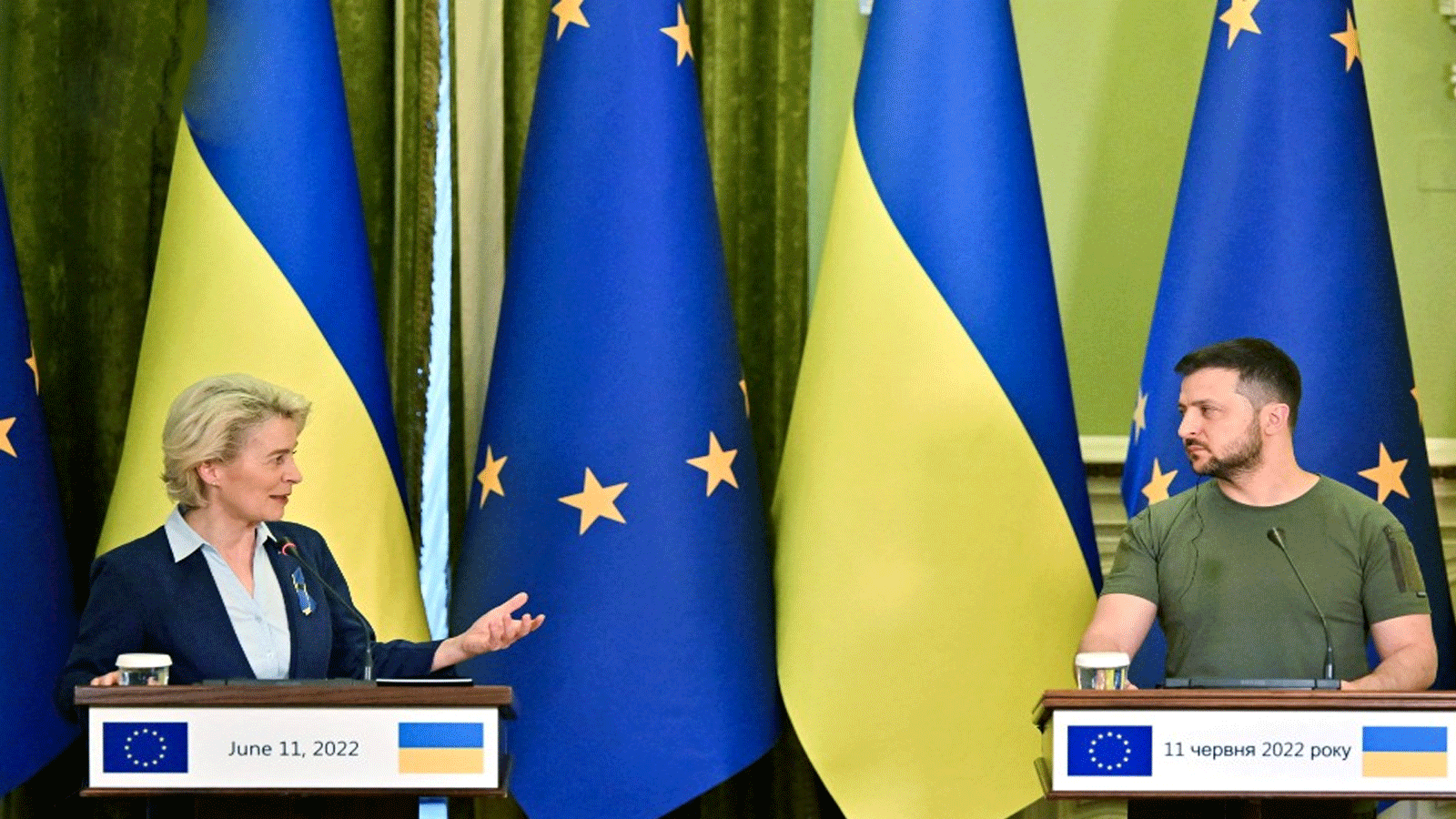 الرئيس الأوكراني فولوديمير زيلينسكي مع رئيسة المفوضية الأوروبية أورسولا فون دير لايين. 11 حزيران\ يونيو 2022