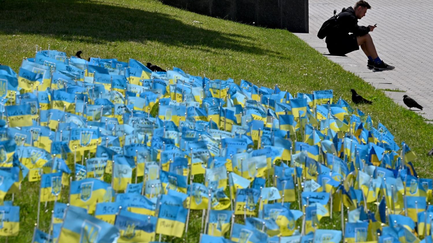 قطعة أرض عشبية مزينة بأعلام أوكرانية صغيرة موقعة بأسماء الجنود الأوكرانيين الذين قتلوا في الحرب مع روسيا ، في وسط العاصمة الأوكرانية كييف في 22 يونيو 2022