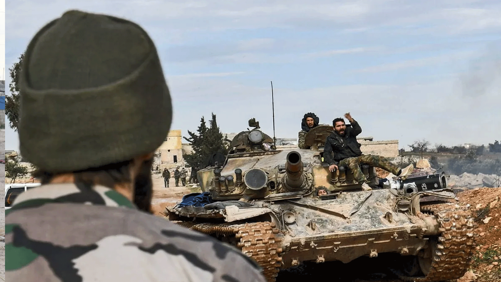 جنود الحكومة السورية يجلسون فوق دبابة في سوريا في 1شبط\ فبراير 2020.