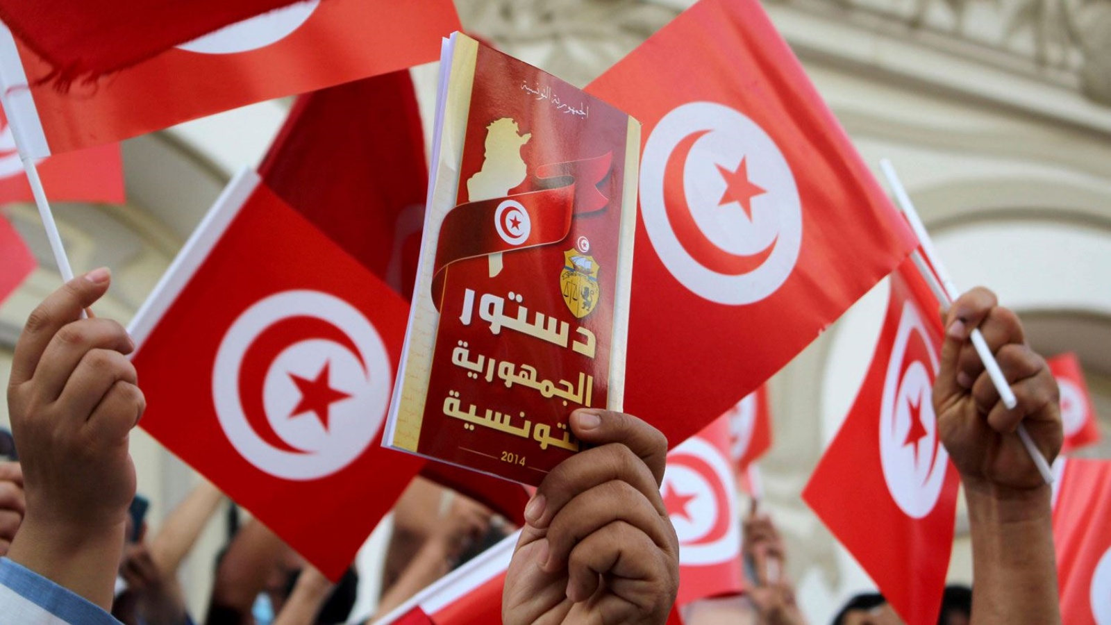 متظاهرون تونسيون يحملون نسخة عن دستور بلادهم