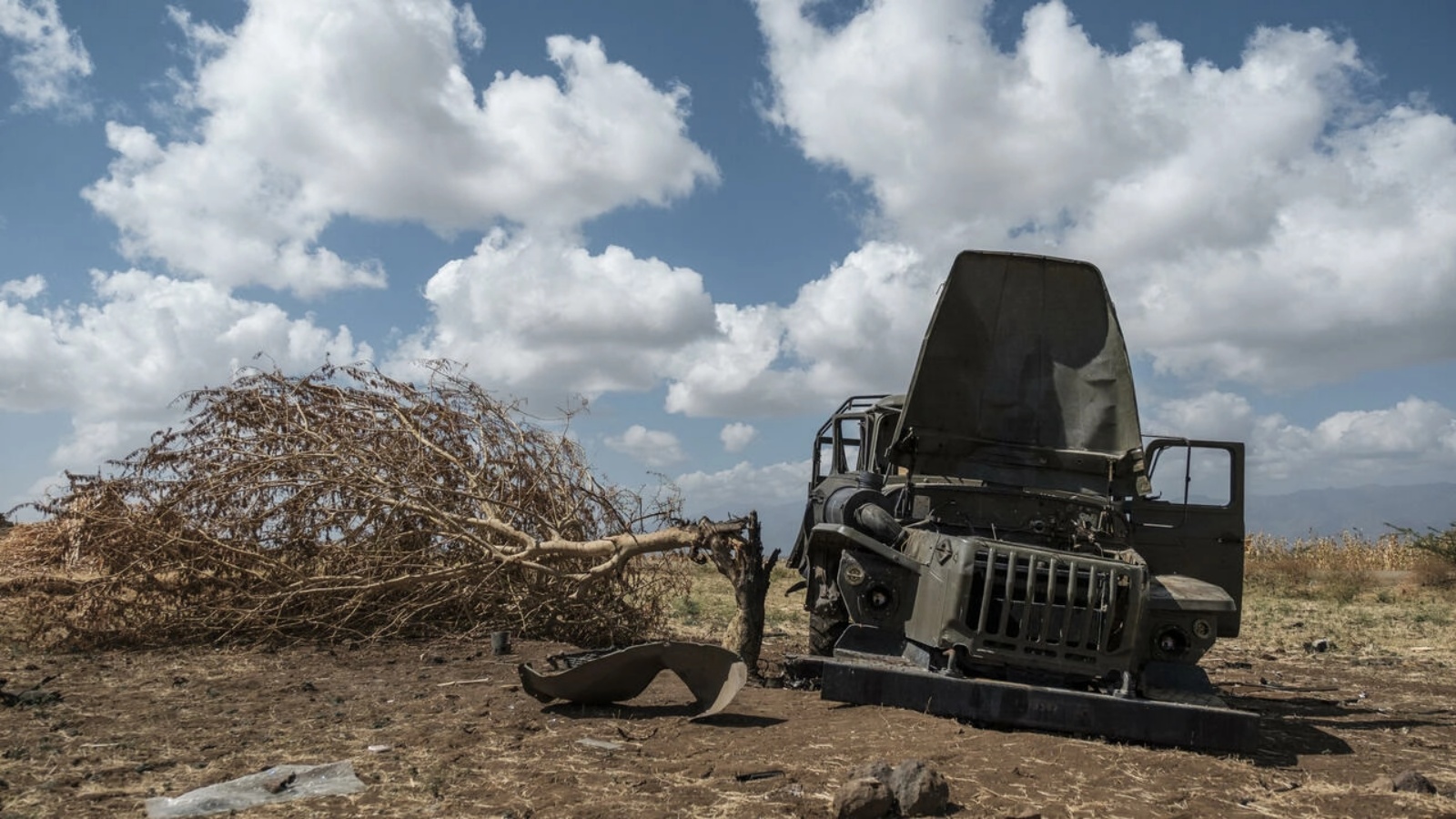 شاحنة عسكرية مدمرة تعود لمتمردي تيغراي متروكة في حقل قرب قرية أياسو غريال إلى شرق مدينة ألماتا الإثيوبية في 10 ديسمبر 2020 