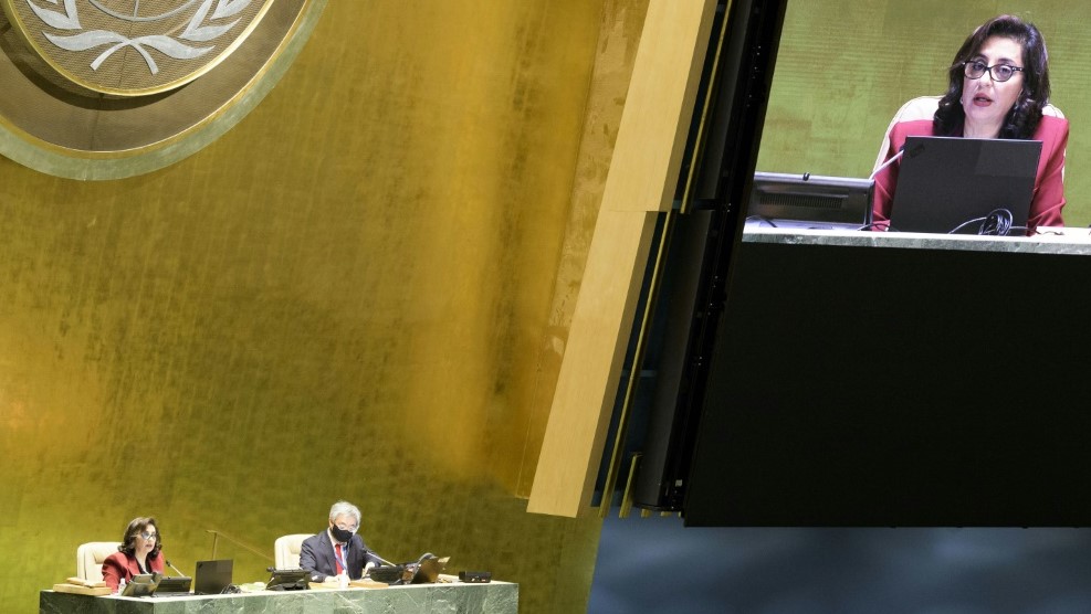 المديرة التنفيذية لهيئة الأمم المتحدة للمرأة سيما بحوث (إلى اليسار وعلى الشاشة) خلال جلسة للجمعية العامة للأمم المتحدة في 26 سبتمبر 2020 في نيويورك