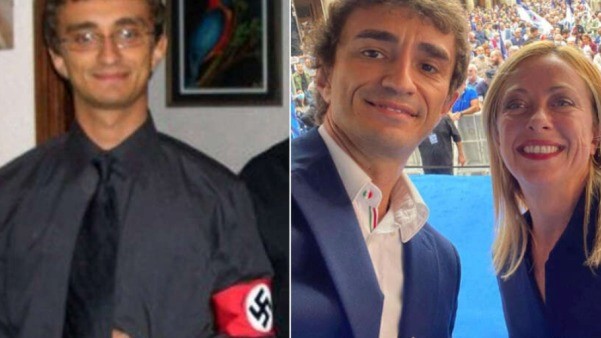 في هذه الصورة المنتشرة على تويتر: على اليسار، جاليازو بيغنامي في حفلة في عام 2005 حيث يرتدي شارة نازية. على اليمين، المحامي البالغ من العمر 47 عاما مع جورجيا ميلوني، الذي عينه في الحكومة 