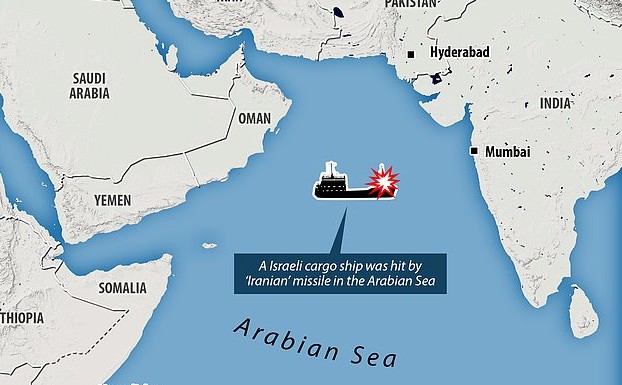 صورة أرشيفية لموقع سفينة شحن اسرائيلية كانت ايران فجرتها في بحر العرب