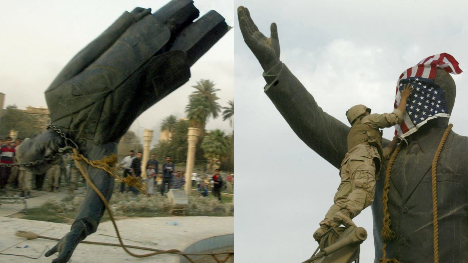 صورة مركّبة لتمثال صدام حسين بعد الغزو الأميركي 