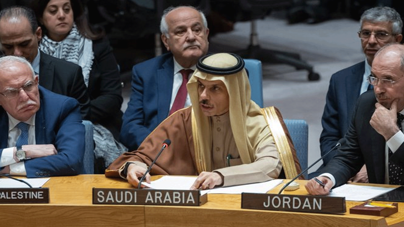 وزير الخارجية السعودي الأمير فيصل بن فرحان متحدثًا في مجلس الأمن(الخارجية السعودية)