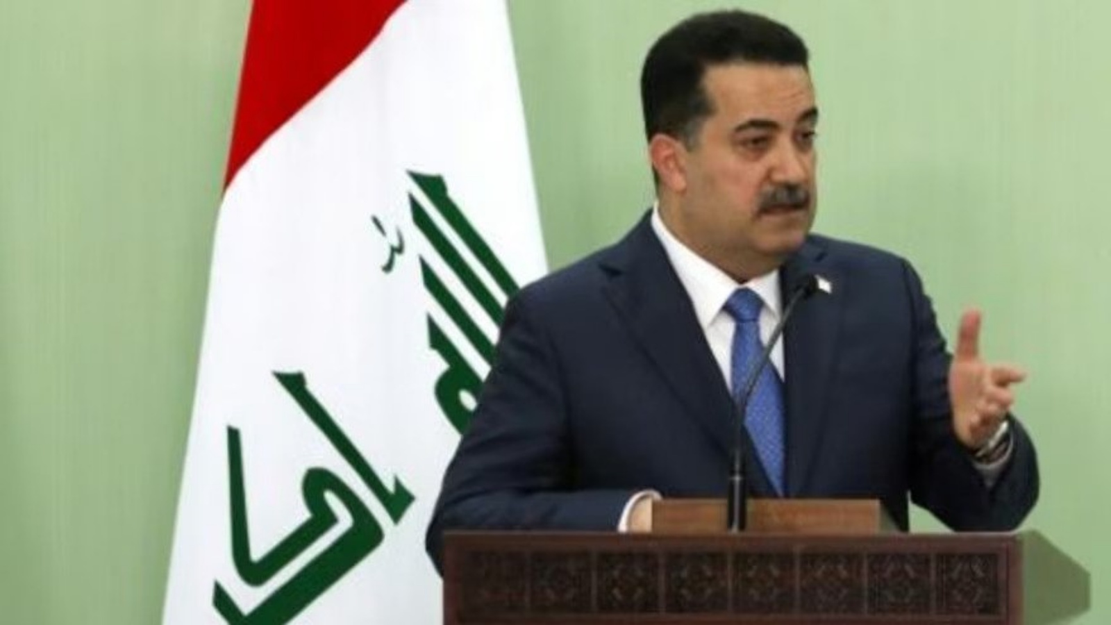 رئيس الوزراء العراقي محمد شياع السوداني في مؤتمر صحافي خلال زيارة لسوريا في 16 يوليو 2023 