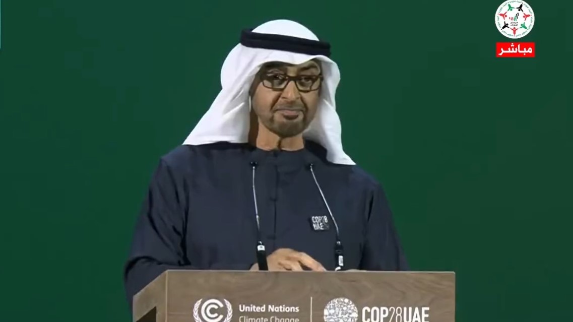 الشيخ محمد بن زايد، رئيس دولة الإمارات، يلقي كلمته في افتتاح مؤتمر كوب 28 المناخي في دبي