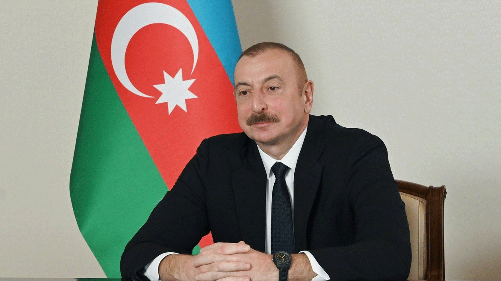 صورة أرشيفية للرئيس الأذربيجاني إلهام علييف خلال مؤتمر صحفي عبر الفيديو في العاصمة باكو، أذربيجان.(الأناضول)