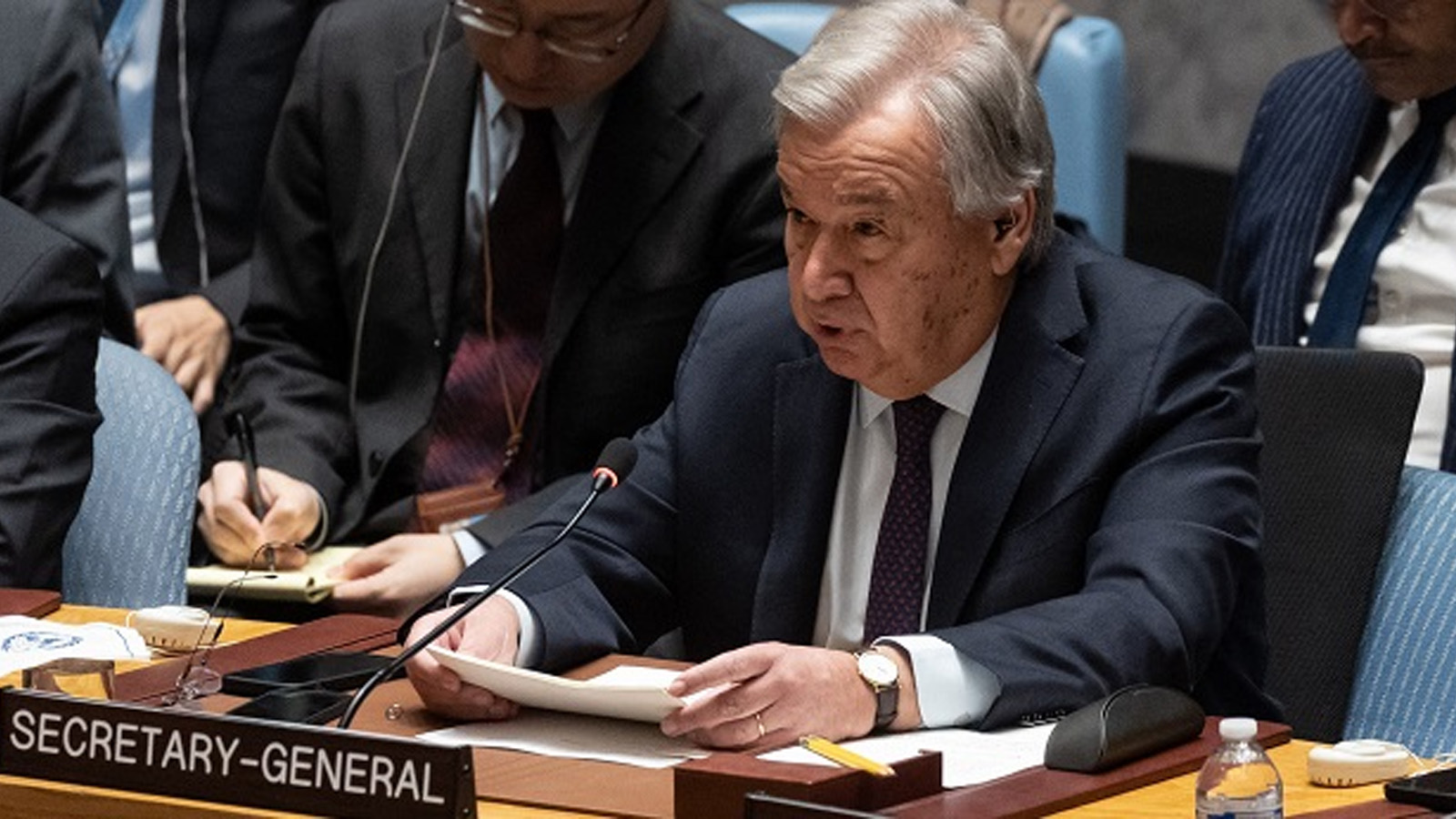 الأمين العام للأمم المتحدة أنطونيو غوتيريش يتحدث خلال اجتماع لمجلس الأمن التابع للأمم المتحدة بشأن غزة، في مقر الأمم المتحدة في مدينة نيويورك. 8 ديسمبر(كانون الأول) 2023