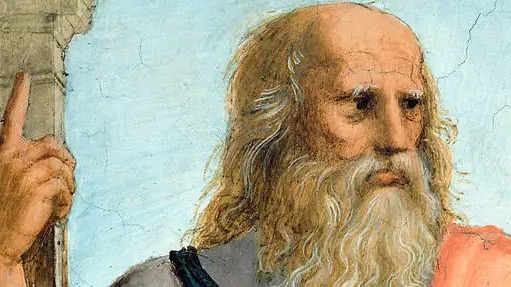 أفلاطون يشير إلى السماء، في تفصيل من جدارية "مدرسة أثينا" لرافايل (1509-1511)، في متحف الفاتيكان