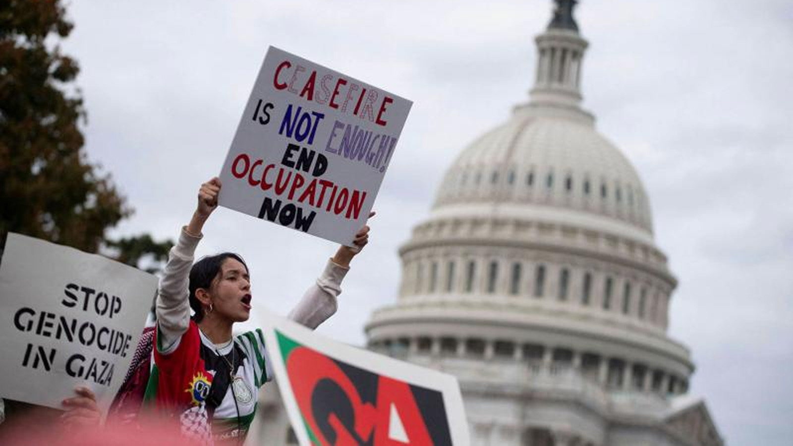 أعضاء الجالية اليهودية الأميركية يحتجون على الحرب الإسرائيلية في غزة أمام مجلس الشيوخ في الكابيتول هيل_ واشنطن