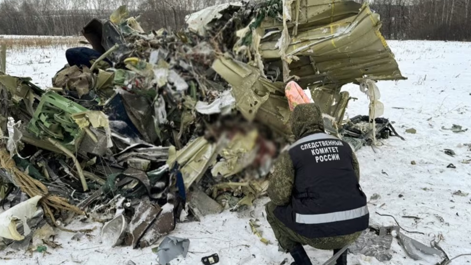 محقق يفحص الحطام في موقع تحطم طائرة إليوشن إيل-76، التي سقطت بالقرب من مدينة بيلغورود غربي روسيا في 24 كانون الثاني (يناير) 2024 (TASS)