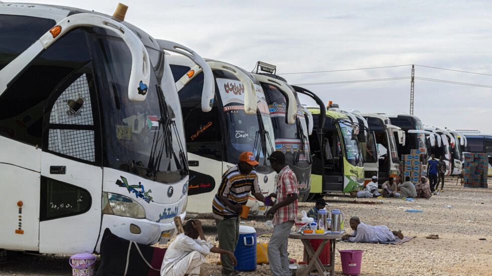 سائقون سودانيون في 14 ايار/مايو 2023 بعد نقل نازحين من السودان إلى مصر في وادي كركر قرب أسوان