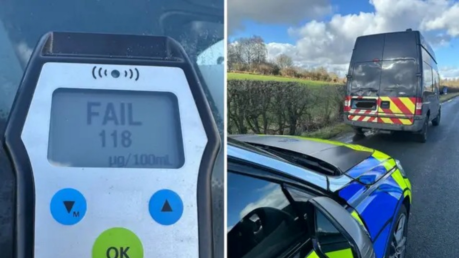 صورة مجمعة من شرطة شمال يوركشاير لشاحنة الرجل وقياس الكحول في دمه