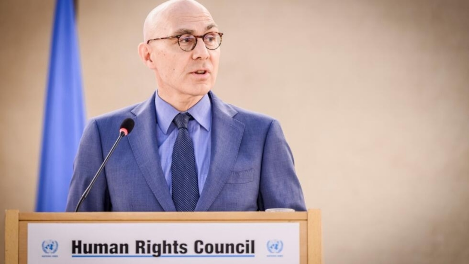 مفوض الأمم المتحدة السامي لحقوق الإنسان فولكر تورك يلقي كلمة في مستهلّ الدورة الرابعة والخمسين من مجلس الأمم المتحدة لحقوق الإنسان في جنيف في 11 سبتمبر 2023