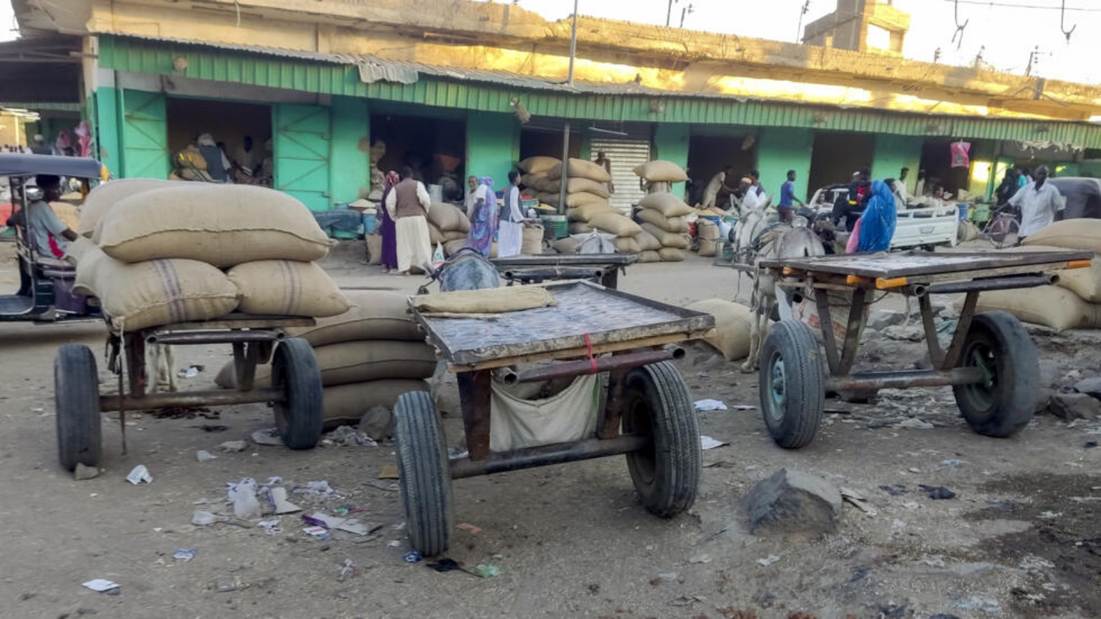 عربات تجرها حمير متوقفة في سوق بولاية القضارف بشرق السودان في 20 شباط (فبراير) 2024 