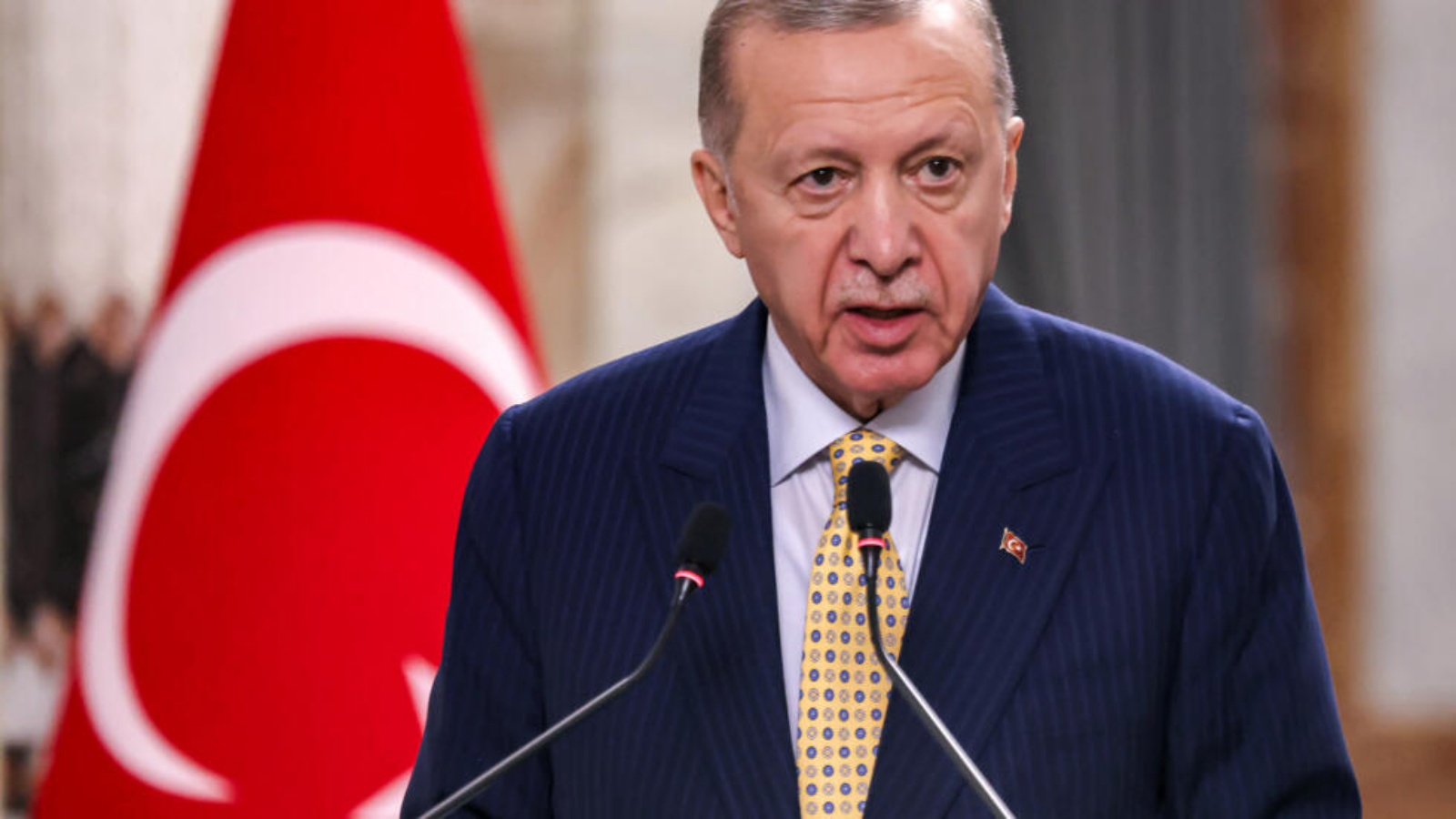 الرئيس التركي رجب طيب أردوغان خلال مؤتمر صحافي في بغداد في 22 نيسان (أبريل) 2024 