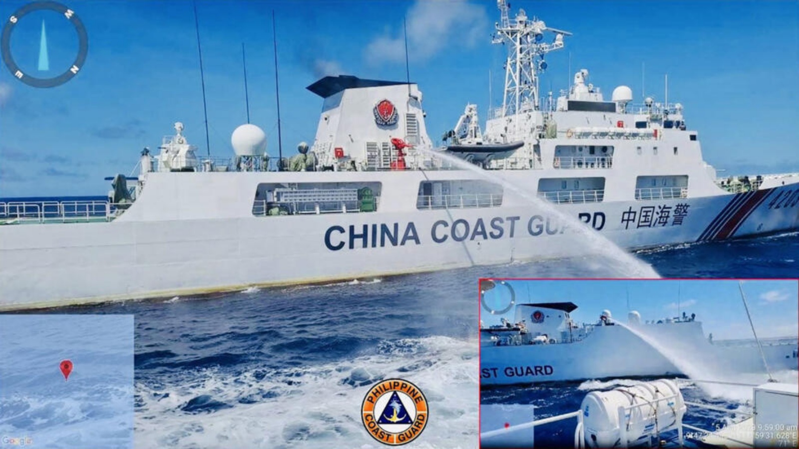 سفينة صينية تطلف خراطيم المياه. صورة وزعها خفر السواحل الفيليبينيون في السادس من آب (أغسطس) 2023