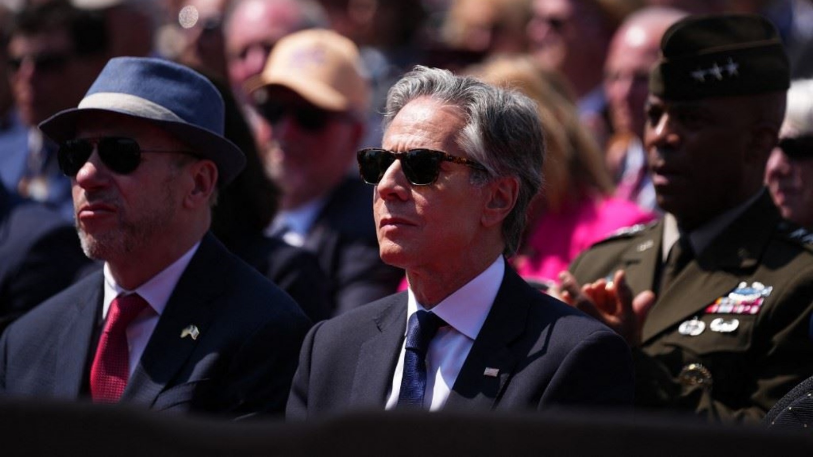 بلينكن خلال احتفال في كوليفيل سور مير في شمال غرب فرنسا، في الذكرى الـ80 لإنزال النورماندي. 6 حزيران (يونيو) 2024