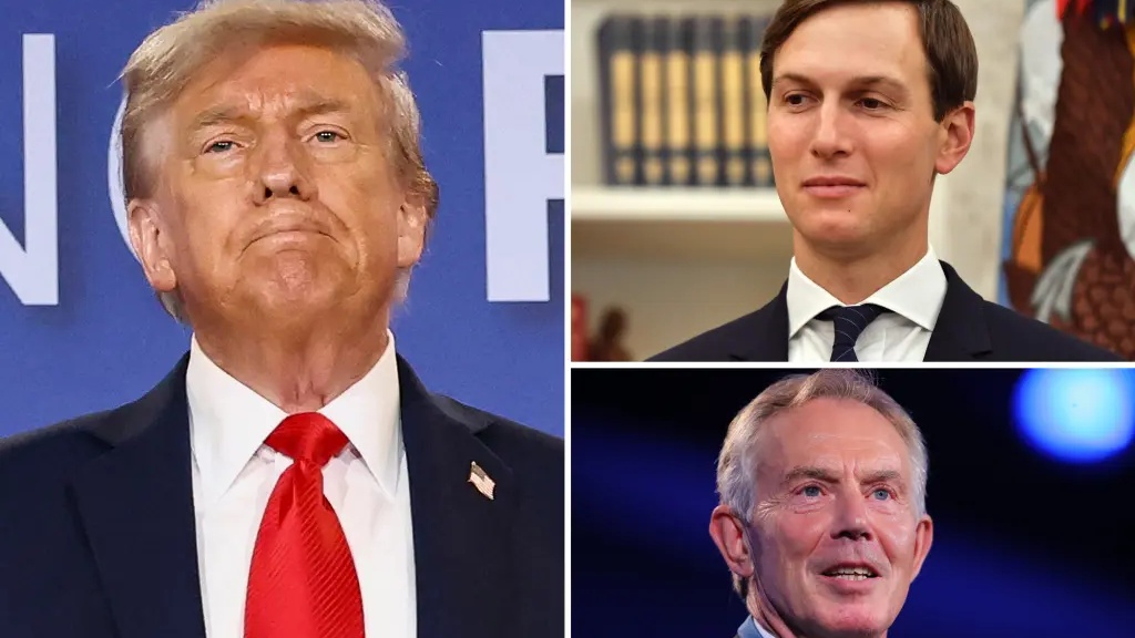 الرئيس الأميركي دونالد ترامب (يسار) وجاريد كوشنر (الأعلى يميناً) وفي الإطار توني بلير