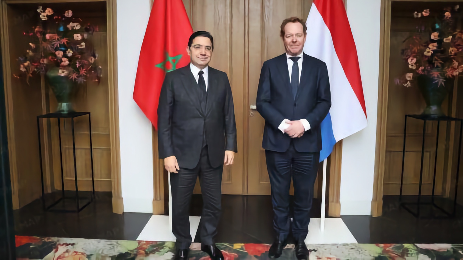 وزير الشؤون الخارجية والتعاون الإفريقي والمغاربة المقيمين بالخارج، ناصر بوريطة، ووزير الشؤون الخارجية، وزير اللجوء والهجرة الهولندي ، ديفيد فان ويل خلال لقائهما الجمعة في لاهاي