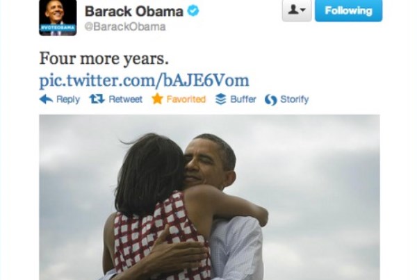 صورة نشرها أوباما على حسابه على تويتر عقب فوزه بولاية رئاسية ثانية 