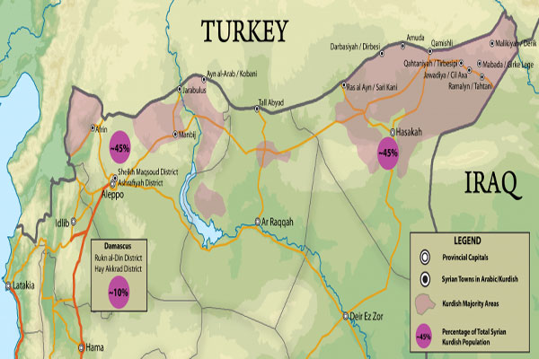 خريطة تبين المناطق الكردية في شمال سوريا