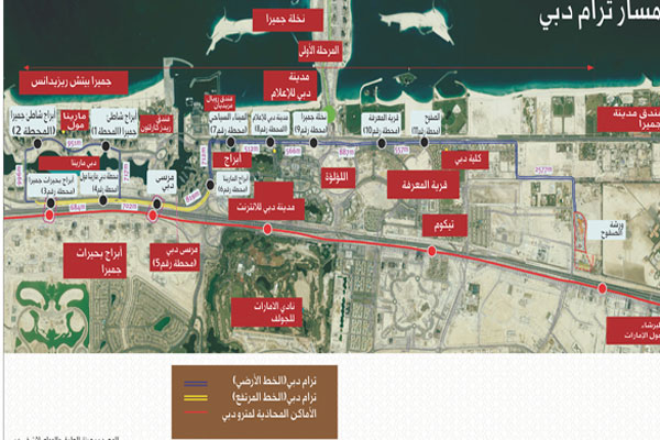 خريطة تبين مسار ترام دبي