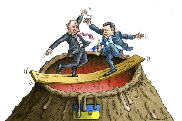كاريكاتير تعبيري عن انهيار بوتين بهروب حليفه يانوكوفيتش 