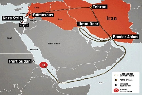 خريطة تبيّن سير سفينة الأسلحة من بندر عباس الى غزة